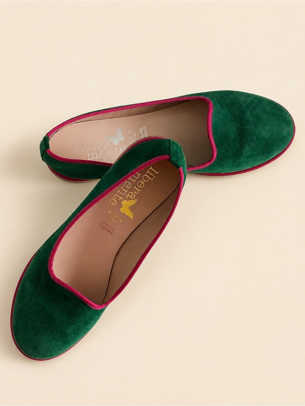 💚✨ Libera Mente Italian Friulane Flats • EU 39 • Emerald Suede + Fuchsia Trim ✨💖